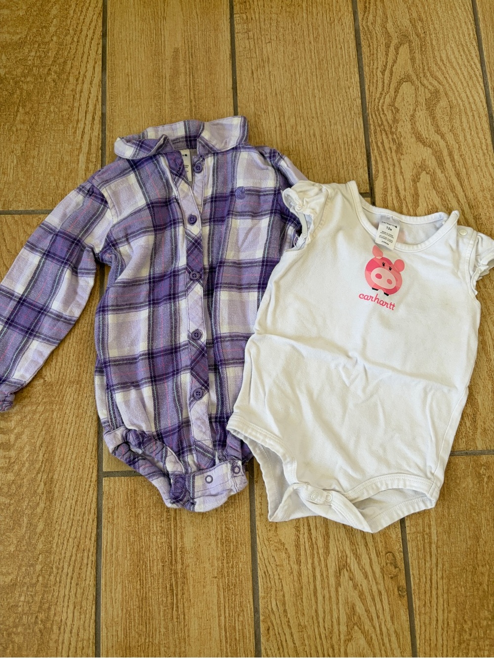 Carhartt Baby Bundle of 2 Onesie Set Plaid Flannel Pig Graphic 12M